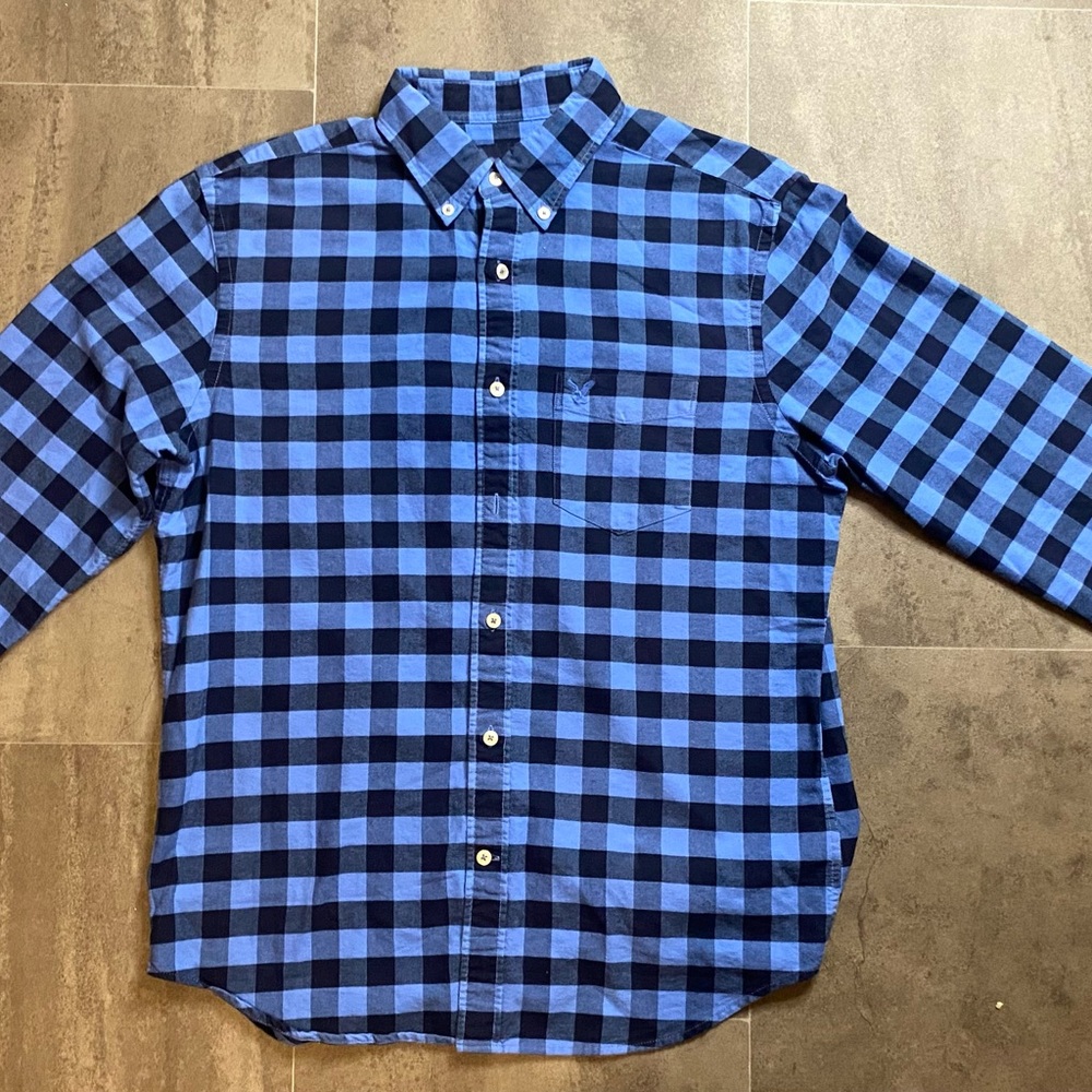 American Eagle Outfitters Navy and Light Blue Plaid Shirt
